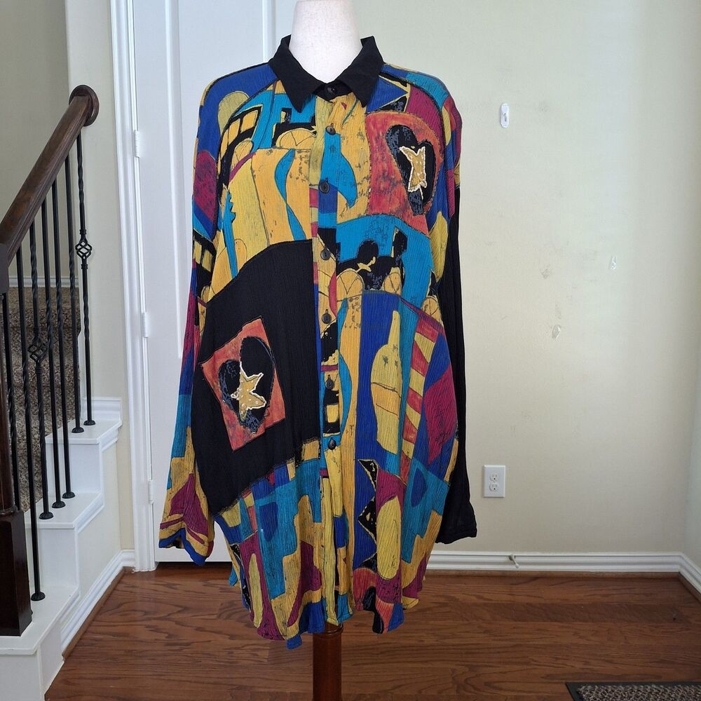 Vintage We Be Bop Tunic Top Womens 4X Geometric Beaded Relaxed Flowy Artsy Boho